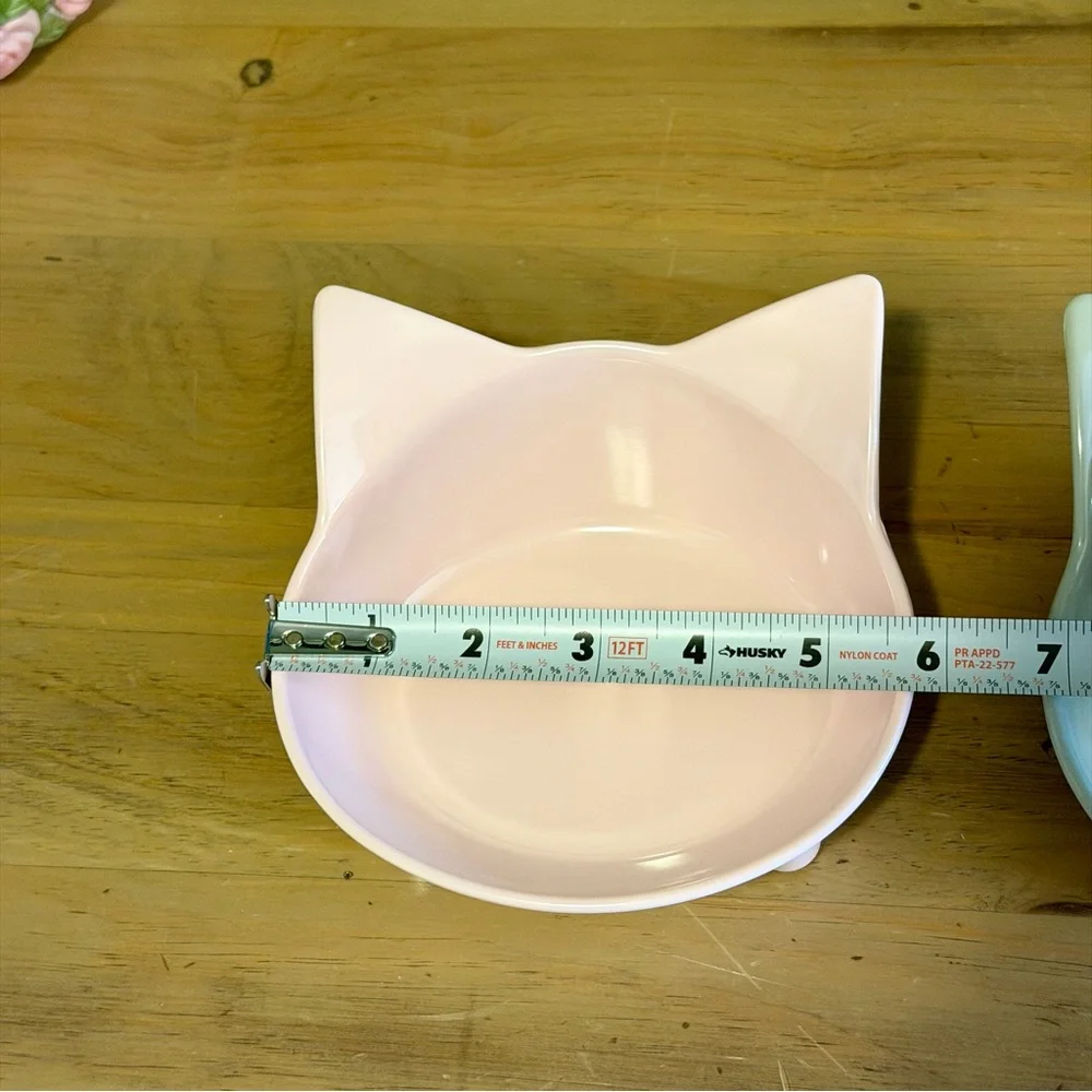 Pastel Cat Bowl Set Raised Kitty Ear Dishes Pink Gray Elevated Feeder Bowls